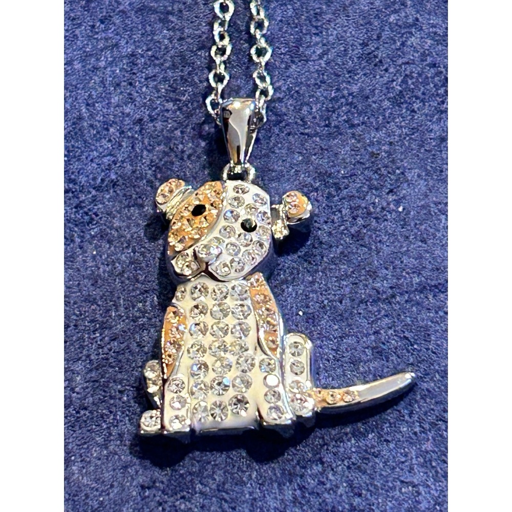 Silver Plated CZ Crystal Dog Pendant Necklace Puppy Charm 18" Chain